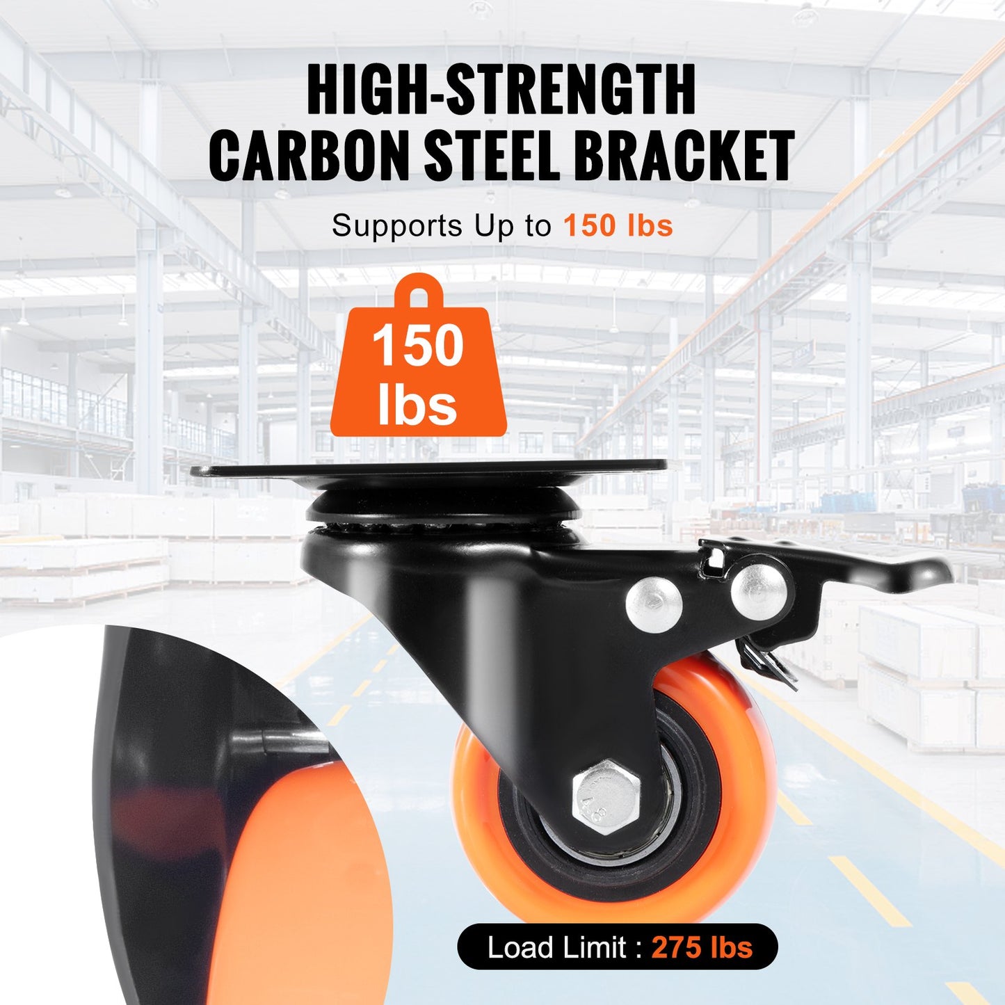 Caster Wheels, 2 Inch Swivel Disc Wheels, Set of 4, with Safety Double Locking No Noise PVC Wheels, Heavy Duty 150 lbs Load Capacity Per Wheel, Non-Marking Wheels for Cart Furniture Workbench