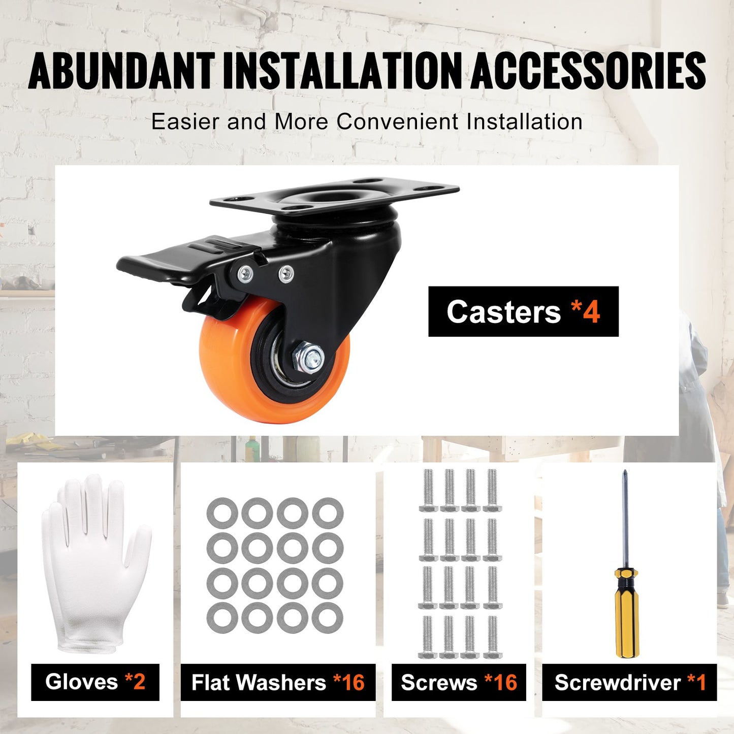 Caster Wheels, 2 Inch Swivel Disc Wheels, Set of 4, with Safety Double Locking No Noise PVC Wheels, Heavy Duty 150 lbs Load Capacity Per Wheel, Non-Marking Wheels for Cart Furniture Workbench