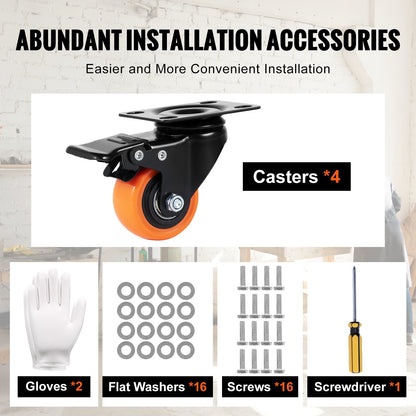 Caster Wheels, 2 Inch Swivel Disc Wheels, Set of 4, with Safety Double Locking No Noise PVC Wheels, Heavy Duty 150 lbs Load Capacity Per Wheel, Non-Marking Wheels for Cart Furniture Workbench