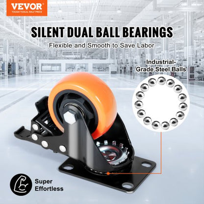 Caster Wheels, 3 Inch Swivel Disc Wheels, Set of 4, with Safety A/B Locking No Noise PVC Wheels, Heavy Duty 250 lbs Load Capacity Per Wheel, Non-Marking Wheels for Workbench Cart Furniture | EU