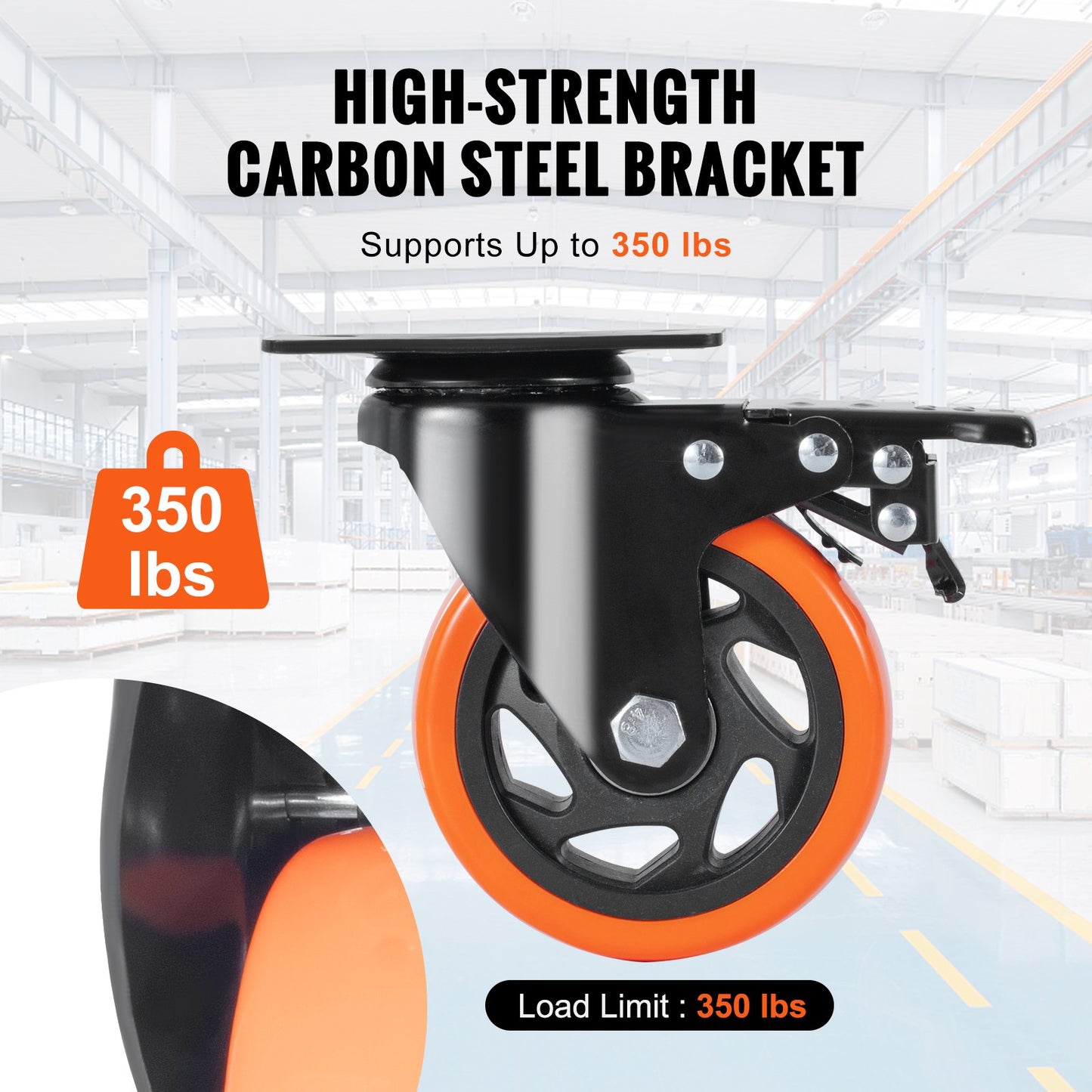 Caster Wheels, 4-inch Swivel Plate Casters, Set of 4, with Security A/B Locking No Noise PVC Wheels, Heavy Duty 350 lbs Load Capacity Per Caster, Non-Marking Wheels for Cart Furniture Workbench