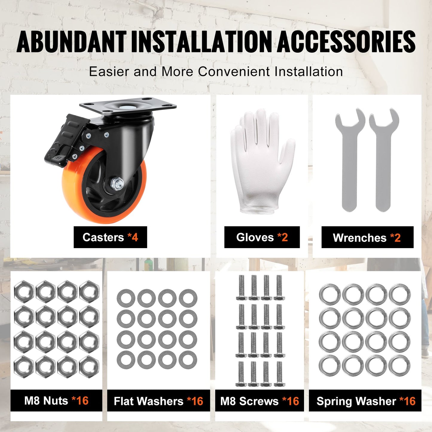Caster Wheels, 4-inch Swivel Plate Casters, Set of 4, with Security A/B Locking No Noise PVC Wheels, Heavy Duty 350 lbs Load Capacity Per Caster, Non-Marking Wheels for Cart Furniture Workbench