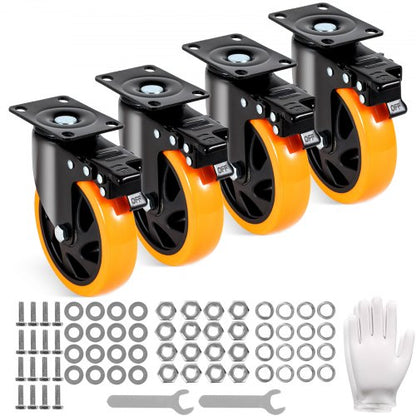 Caster Wheels, 5-inch Swivel Plate Casters, Set of 4, with Security A/B Locking No Noise PVC Wheels, Heavy Duty 450 lbs Load Capacity Per Caster, Non-Marking Wheels for Cart Furniture Workbench