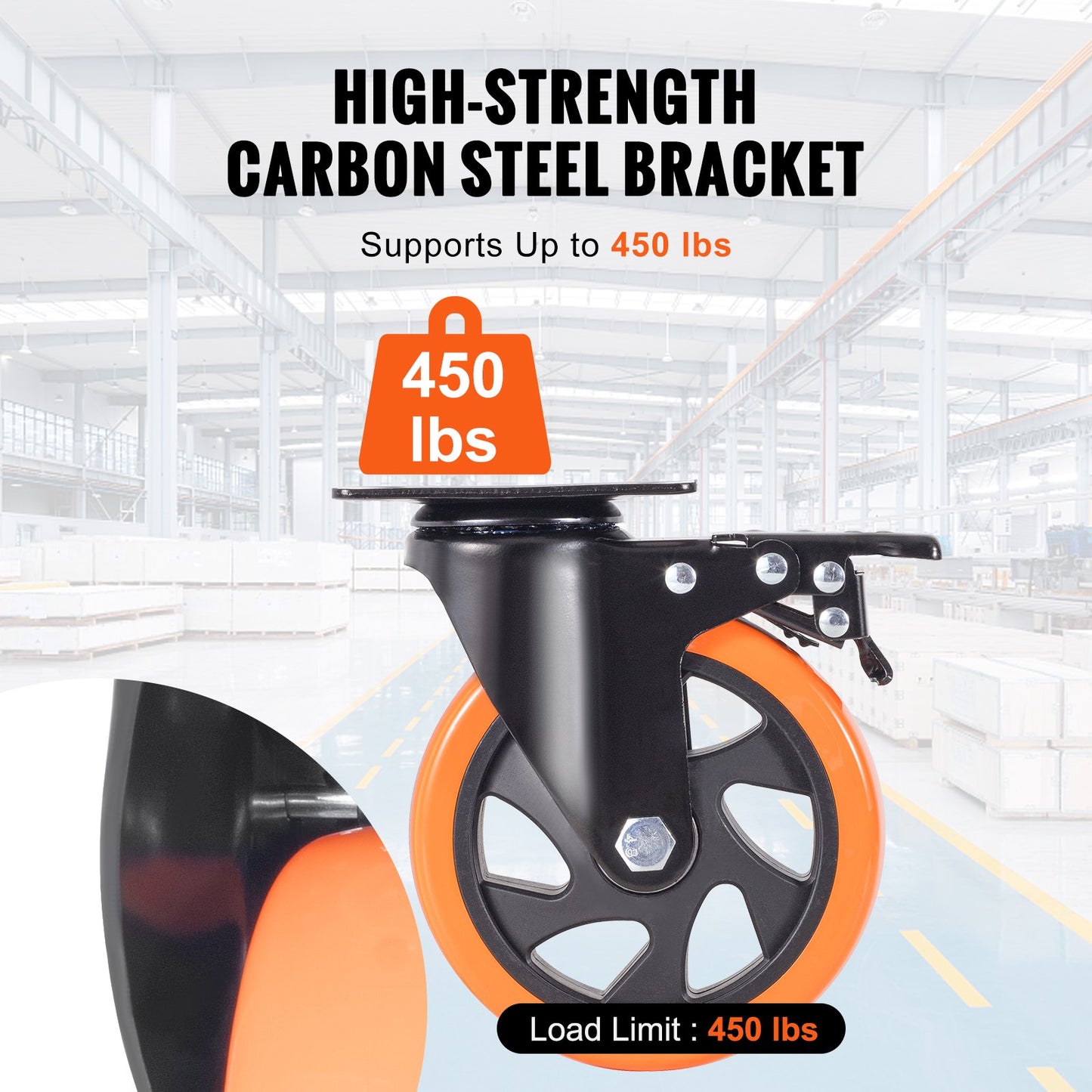 Caster Wheels, 5 Inch Casters with Swivel Plates, Set of 4, with Safety A/B Locking No Noise PVC Wheels, Heavy Duty 450 lbs Load Capacity Per Wheel, Non-Marking Wheels for Workbench for Cart Furniture