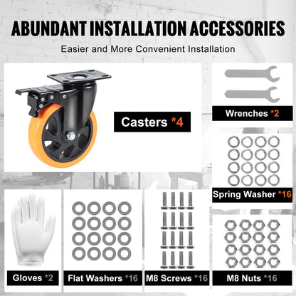 Caster Wheels, 5 Inch Casters with Swivel Plates, Set of 4, with Safety A/B Locking No Noise PVC Wheels, Heavy Duty 450 lbs Load Capacity Per Wheel, Non-Marking Wheels for Workbench for Cart Furniture