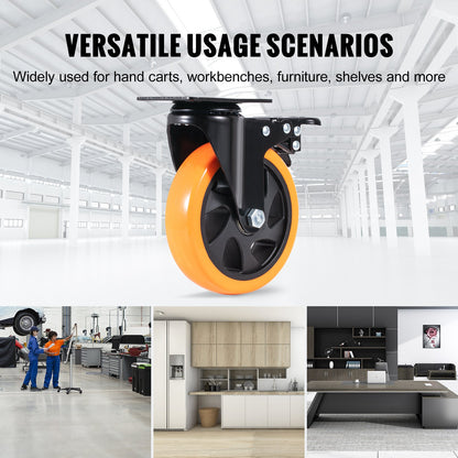 Caster Wheels, 5 Inch Casters with Swivel Plates, Set of 4, with Safety A/B Locking No Noise PVC Wheels, Heavy Duty 450 lbs Load Capacity Per Wheel, Non-Marking Wheels for Workbench for Cart Furniture
