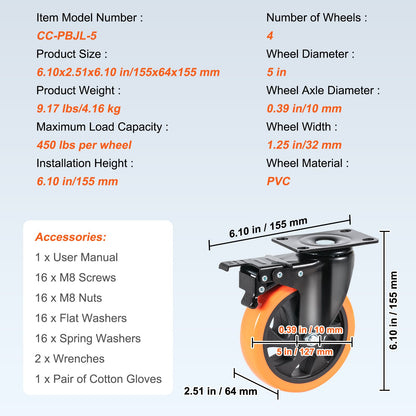 Caster Wheels, 5 Inch Casters with Swivel Plates, Set of 4, with Safety A/B Locking No Noise PVC Wheels, Heavy Duty 450 lbs Load Capacity Per Wheel, Non-Marking Wheels for Workbench for Cart Furniture