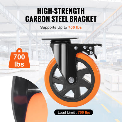 Caster Wheels, 6 Inch Swivel Disc Wheels, Set of 4, with Safety A/B Locking No Noise PVC Wheels, Heavy Duty 700 lbs Load Capacity Per Wheel, Non-Marking Wheels for Cart Furniture Workbench