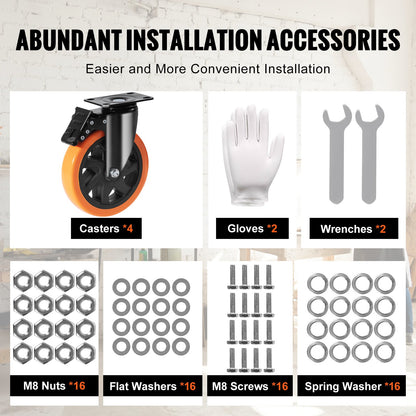 Caster Wheels, 6 Inch Swivel Disc Wheels, Set of 4, with Safety A/B Locking No Noise PVC Wheels, Heavy Duty 700 lbs Load Capacity Per Wheel, Non-Marking Wheels for Cart Furniture Workbench