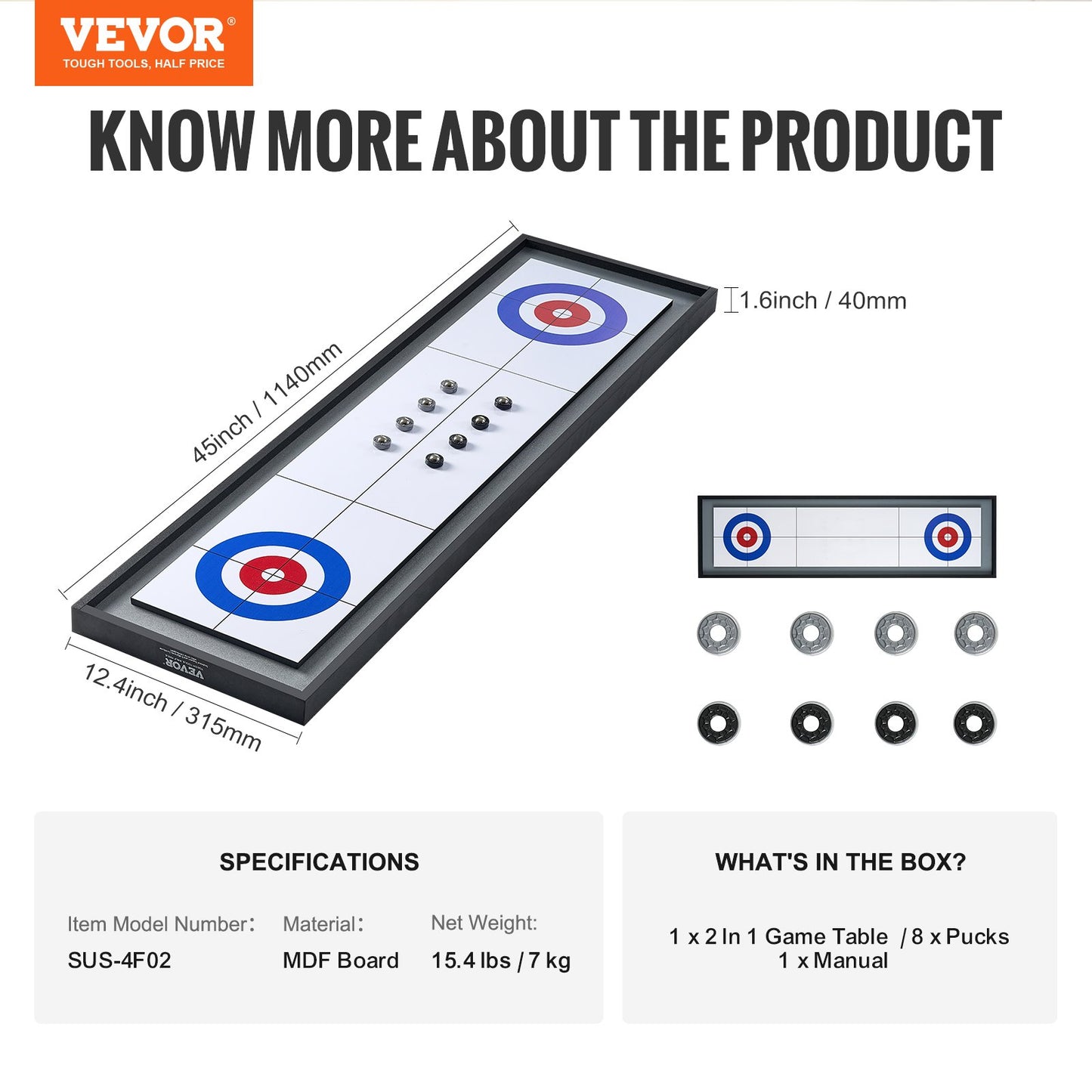 45" Shuffleboard und Curling 2-in-1-Brettspielset für tragbare Tischplatte