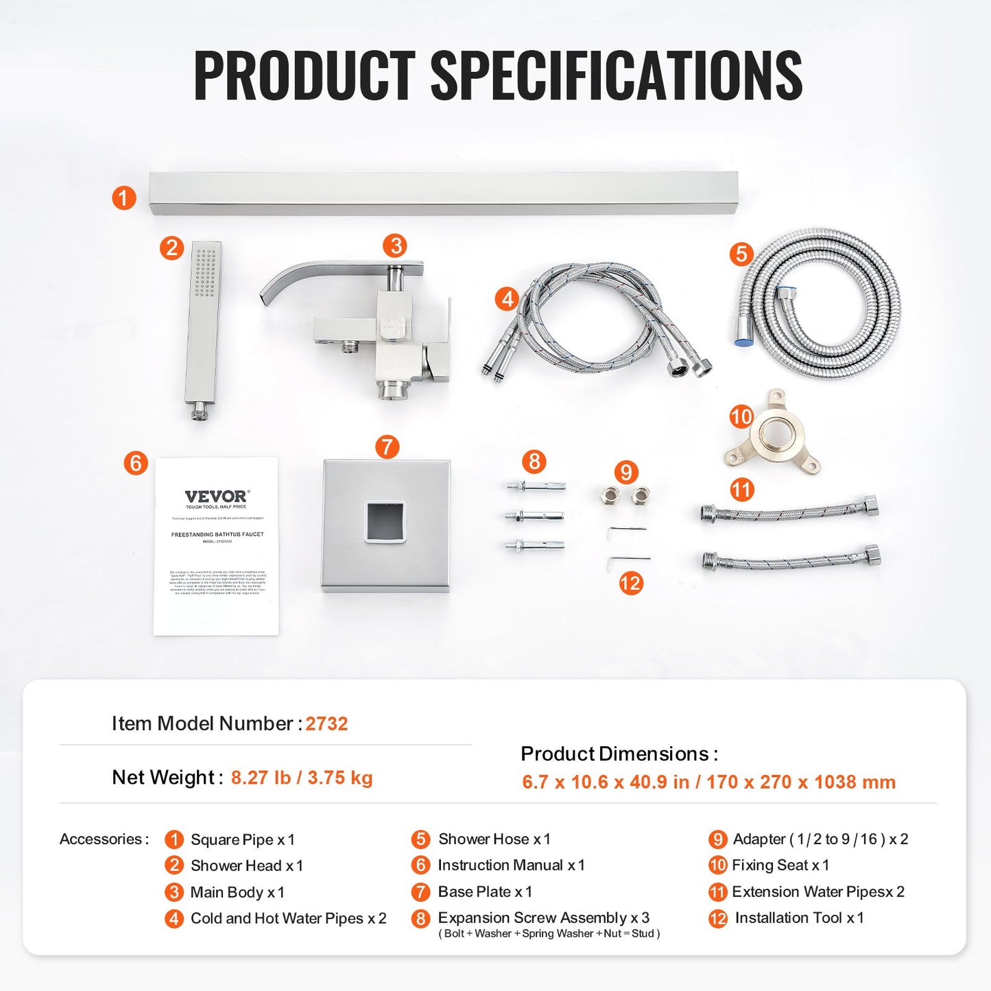 Freestanding Bathtub Faucet, Floor Mount, Freestanding Tub Filler, Shower Mixer Taps, Two Water Modes, 360° Swivel Spout, for Bathing & Showering Pet Bathing Cleaning Drains Toilet Flushing