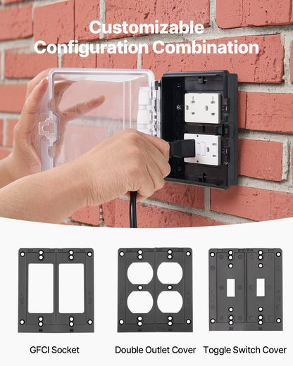 Outdoor Outlet Cover, 2-Gang Weatherproof Electrical Outlet Cover with Lockable Design, High-Strength PC Material, 12-in-1 Outside Receptacle Socket, Horizontal/Vertical for Easy Installation