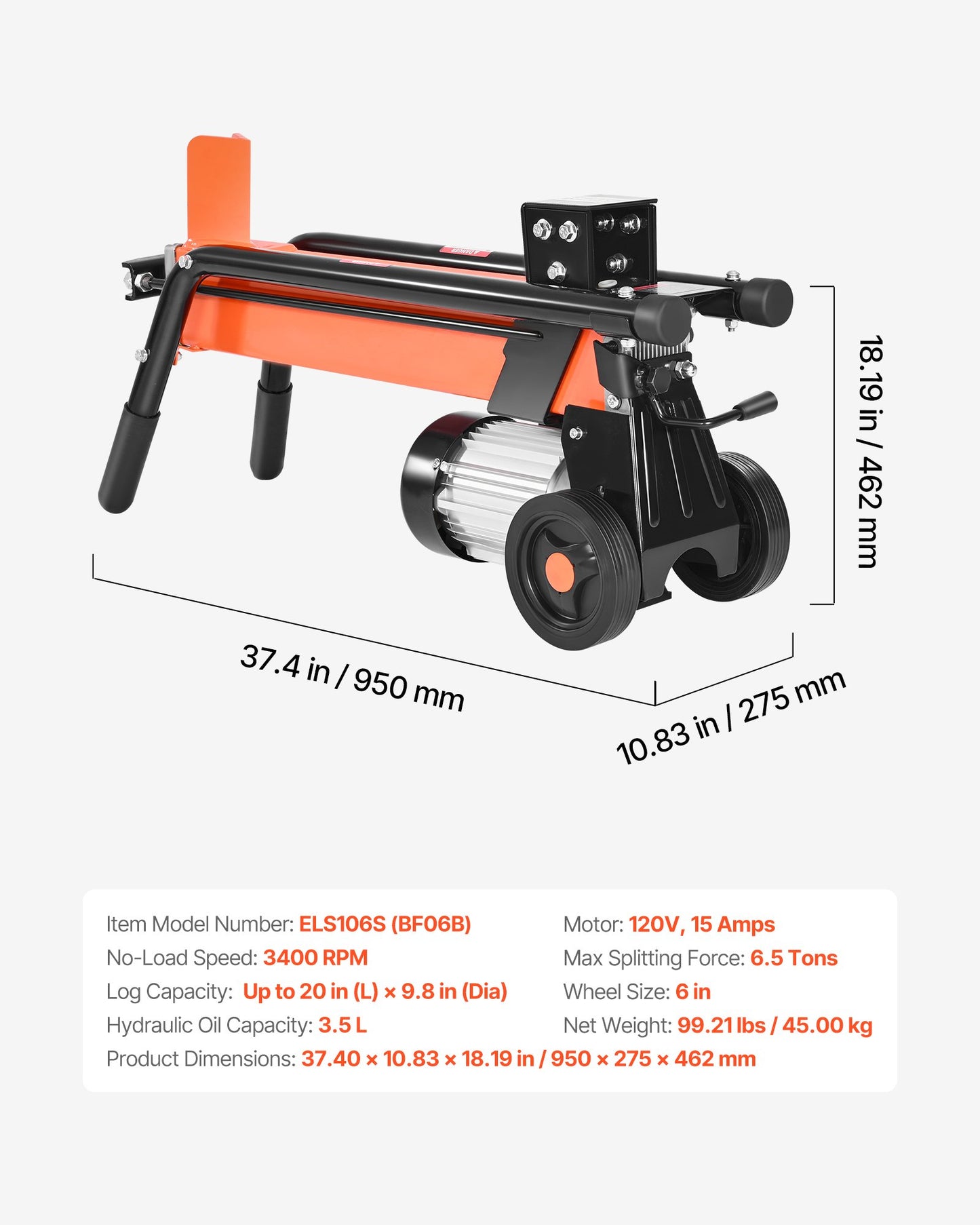 Electric Log Splitter, 6.5 Tons Electric Wood Splitter, 1500W 15 Amp Motor, Portable Firewood Splitting Machine with 6" Wheels, Wood Splitters for Forestry Harvesting, Efficient & Secure