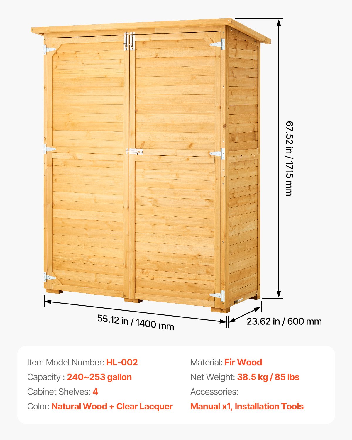 Outdoor Storage Shed, Large Wooden Outside Storage Cabinet with Waterproof Roof and Metal Frame, Double Lockable Doors Garden Tool Shed Storage House Cabinet with Shelves & Floor, 55"x67.5"