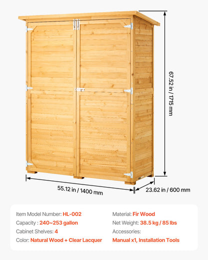 Outdoor Storage Shed, Large Wooden Outside Storage Cabinet with Waterproof Roof and Metal Frame, Double Lockable Doors Garden Tool Shed Storage House Cabinet with Shelves & Floor, 55"x67.5"