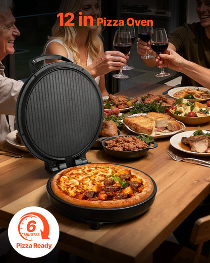 Pizza Oven, 12 in Electric Pizza Maker, 1200W Electric Pizzas Cooker with Non-Stick Coating, 180° Open for Dual Side Baking, Heats up to 410 ˚F, Multi-Function Cooking, for Pizzas, Barbecue