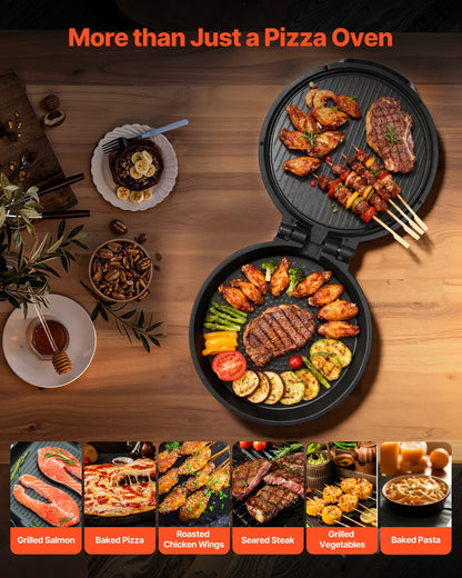 Pizza Oven, 12 in Electric Pizza Maker, 1200W Electric Pizzas Cooker with Non-Stick Coating, 180° Open for Dual Side Baking, Heats up to 410 ˚F, Multi-Function Cooking, for Pizzas, Barbecue