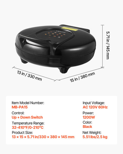 Pizza Oven, 12 in Electric Pizza Maker, 1200W Electric Pizzas Cooker with Non-Stick Coating, 180° Open for Dual Side Baking, Heats up to 410 ˚F, Multi-Function Cooking, for Pizzas, Barbecue