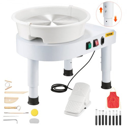 Keramikskiva, 28 cm keramisk skivformningsmaskin, 60-300 varv/min justerbar fotpedal, justerbart lyftben, avtagbart fat, komplett verktygstillbehörssats för konsthantverk DIY, vit |  EU