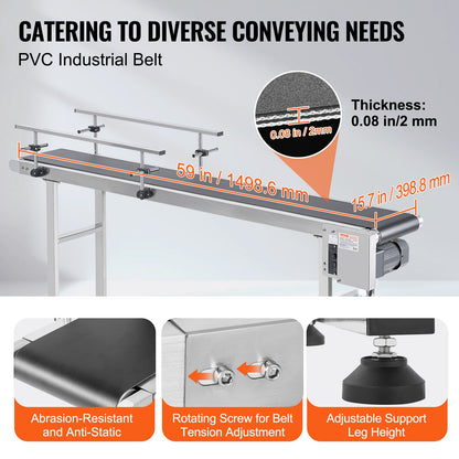 Belt Conveyor, 59 x 15.7 inch Conveyor Table, Heavy Duty Stainless Steel Motorized Belt Conveyor for Inkjet Coding Applications Powered PVC Belt Antistatic Adjustable Speed (Double Guardrail)