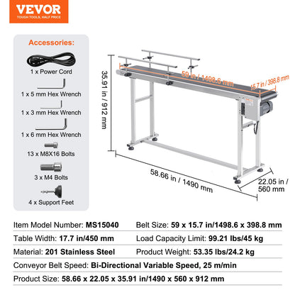 Belt Conveyor, 59 x 15.7 inch Conveyor Table, Heavy Duty Stainless Steel Motorized Belt Conveyor for Inkjet Coding Applications Powered PVC Belt Antistatic Adjustable Speed (Double Guardrail)