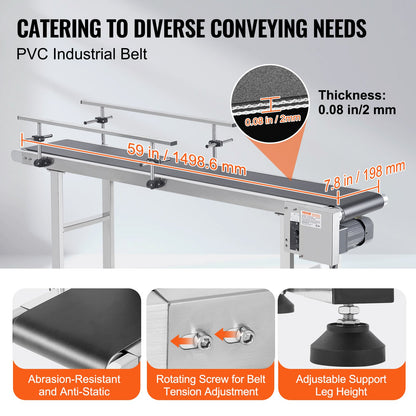 Belt conveyor, 59 x 7.8 inch conveyor table, heavy duty stainless steel Motorized belt conveyor for inkjet coding applications Drive PVC belt Antistatic adjustable speed (double guardrail)