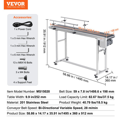 Belt conveyor, 59 x 7.8 inch conveyor table, heavy duty stainless steel Motorized belt conveyor for inkjet coding applications Drive PVC belt Antistatic adjustable speed (double guardrail)