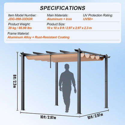 10'x10' Outdoor Retractable Pergola with Sun Shade Canopy Aluminum Beige
