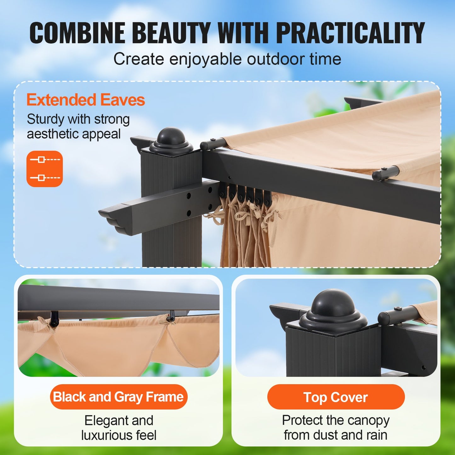 10'x10' einziehbare Pergola für den Außenbereich mit Sonnenschutzdach aus Aluminium in Beige