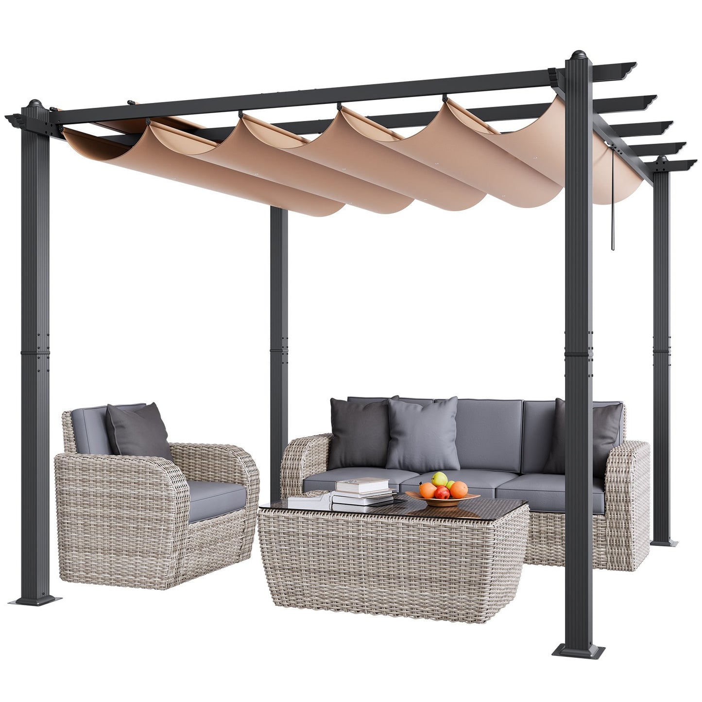 10'x10' einziehbare Pergola für den Außenbereich mit Sonnenschutzdach aus Aluminium in Beige