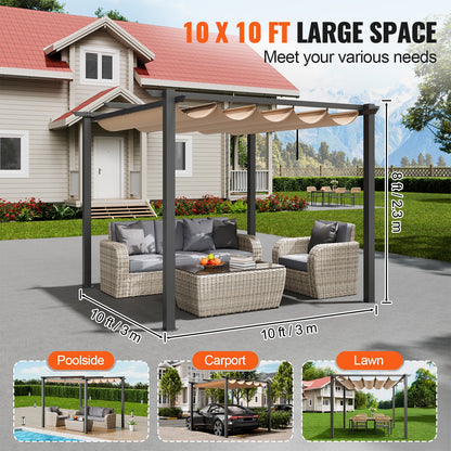 10'x10' einziehbare Pergola für den Außenbereich mit Sonnenschutzdach aus Aluminium in Beige