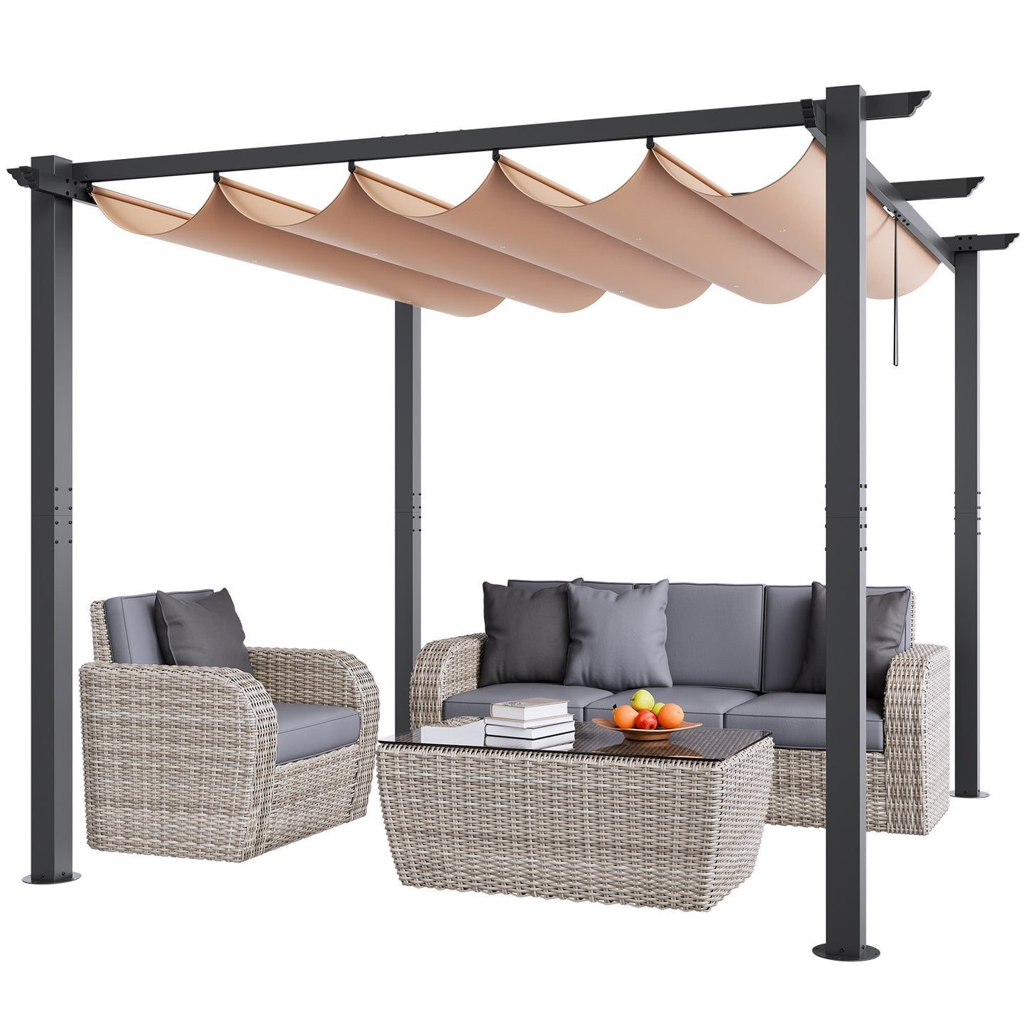 10'x10' einziehbare Pergola für den Außenbereich mit Sonnenschutzdach aus Aluminium in Beige