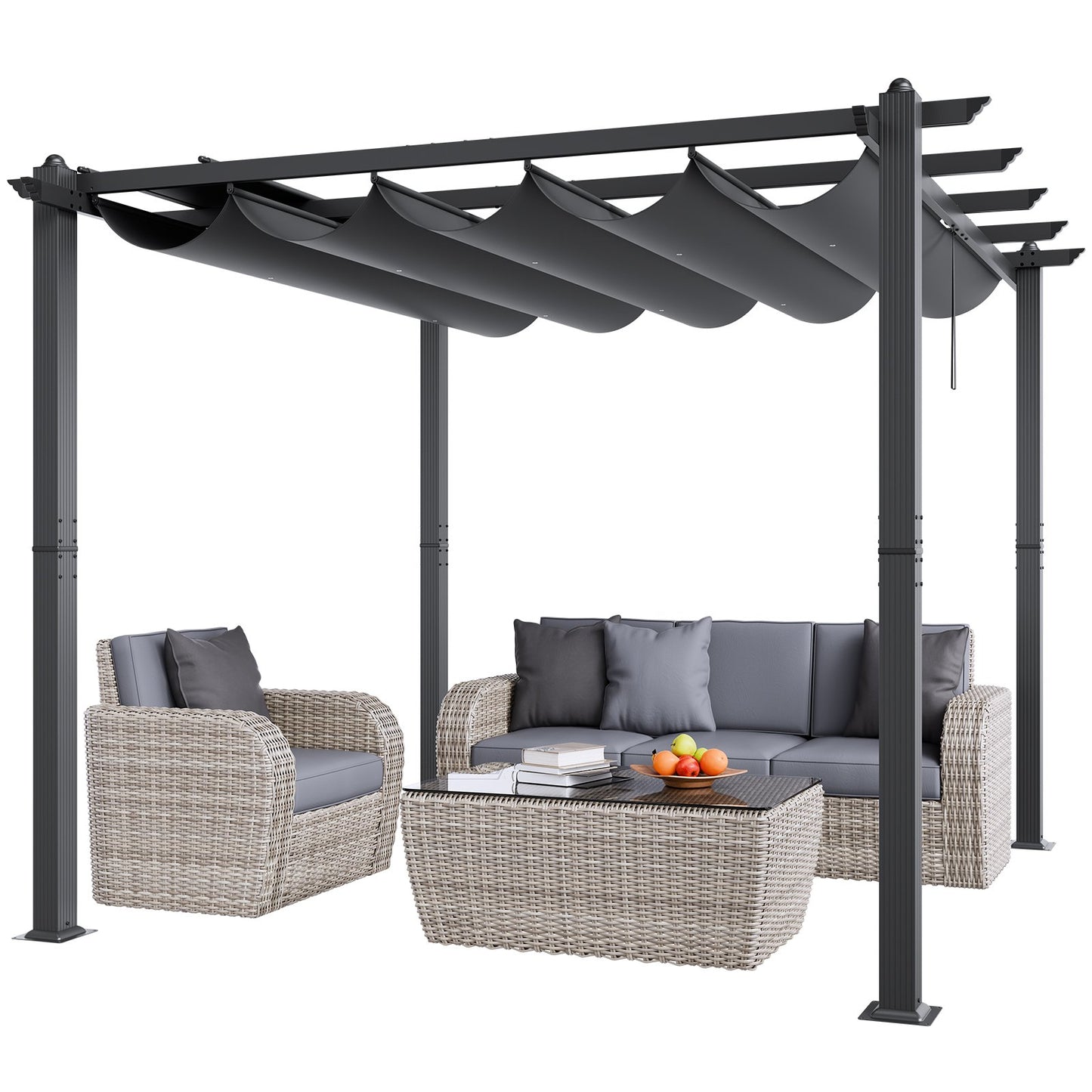 10'x10' einziehbare Pergola für den Außenbereich mit Sonnenschutzdach, Aluminiumgrau