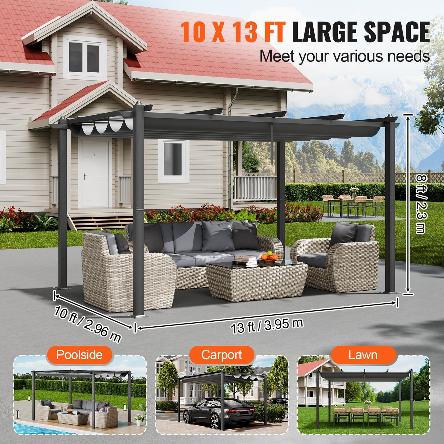 10'x13' einziehbare Pergola für den Außenbereich mit Sonnenschutzdach, Aluminiumgrau