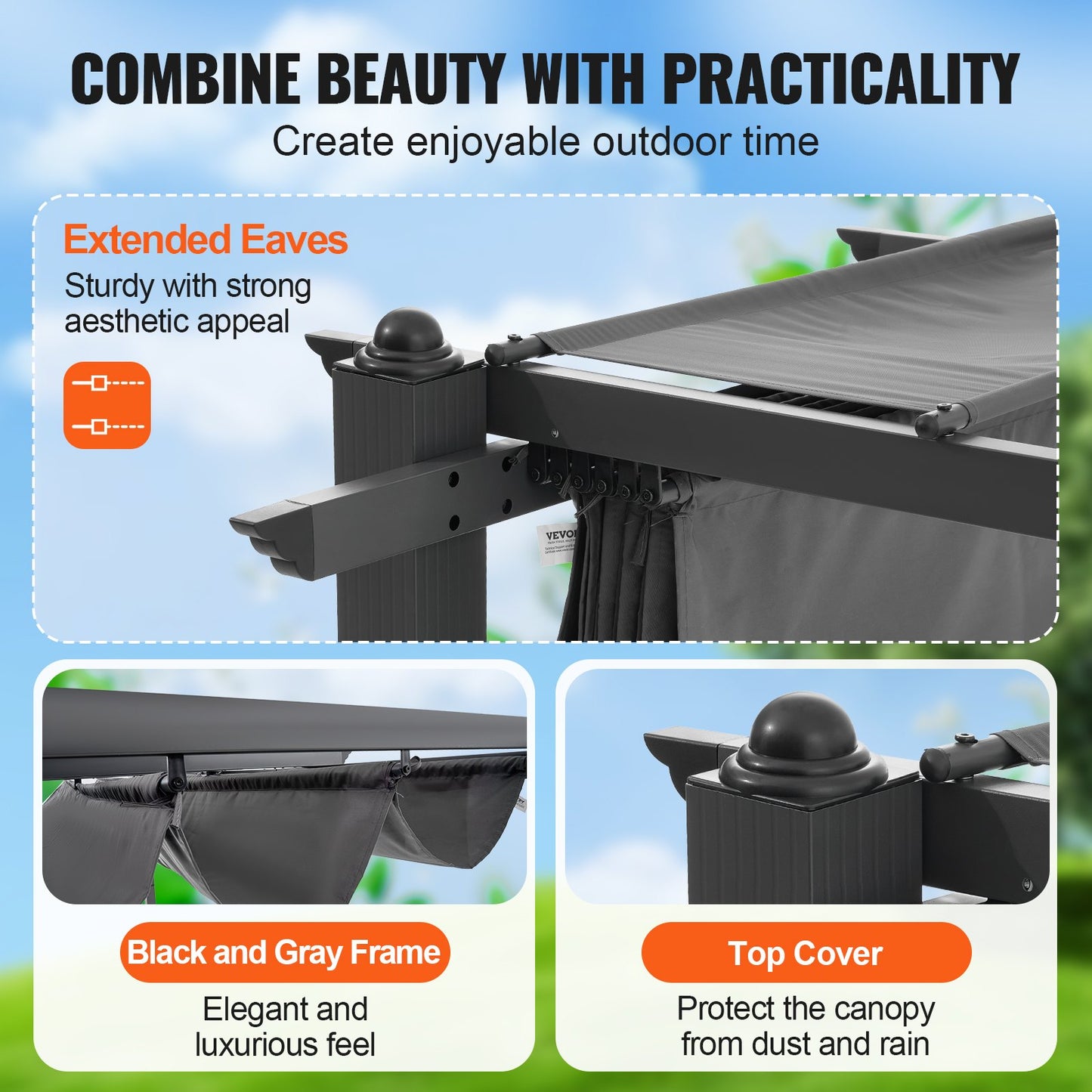 10'x13' einziehbare Pergola für den Außenbereich mit Sonnenschutzdach, Aluminiumgrau