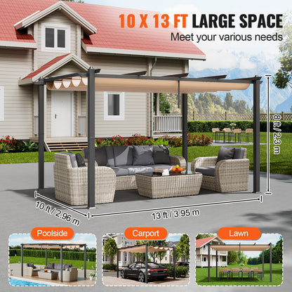 10'x13' einziehbare Pergola für den Außenbereich mit Sonnenschutzdach aus Aluminium in Beige