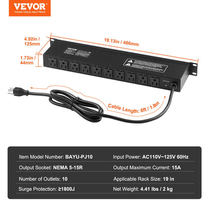 1U PDU, 10 Outlets, Rack Mount Power Strip Fits Standard 19" Server Racks, with Independent Switch Surge Protection & Overload Protection, 110-125V/15A, Ideal for Home and Office