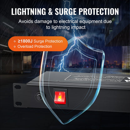 1U PDU, 8 Outlets, Rack Mount Power Strip Fits Standard 19" Server Racks, with Integrated Switch Surge Protection & Overload Protection, 110-125V/15A, Ideal for Home and Office