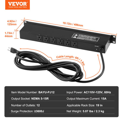 1U PDU, 12 Outlets, Rack Mount Power Strip Fits Standard 19" Server Racks, with Integrated Switch Surge Protection & Overload Protection, 110-125V/15A, Ideal for Home and Office