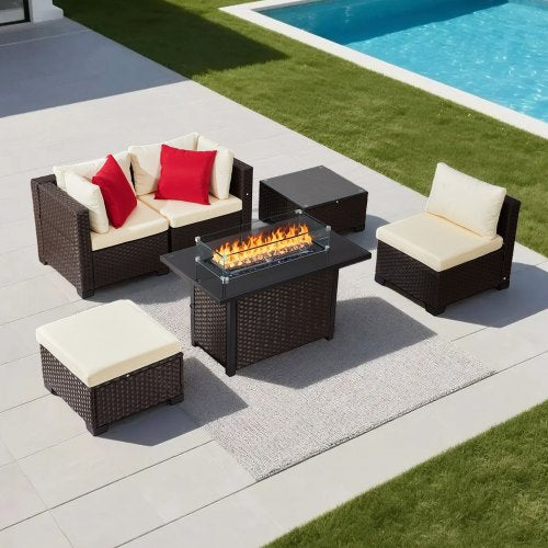 6-Piece Outdoor Patio Furniture Set, Wicker Rattan Outdoor Sectional Conversation Set with 50000BTU Propane Fire Pit Table, Cushioned Sofas, Coffee Table & Ottoman for Patio Garden Backyard