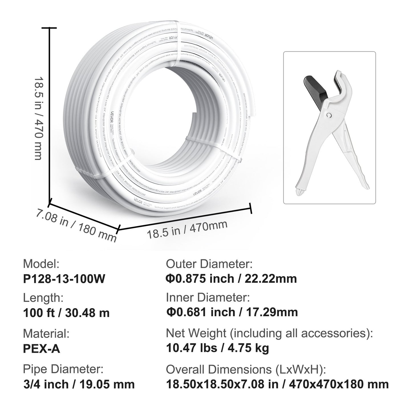 PEX Pipe 3/4 Inch, 100 Feet Length PEX-A Flexible Pipe Tubing for Potable Water, Pex Water Lines for Hot/Cold Water & Easily Restore, Plumbing Applications with Free Cutter,White