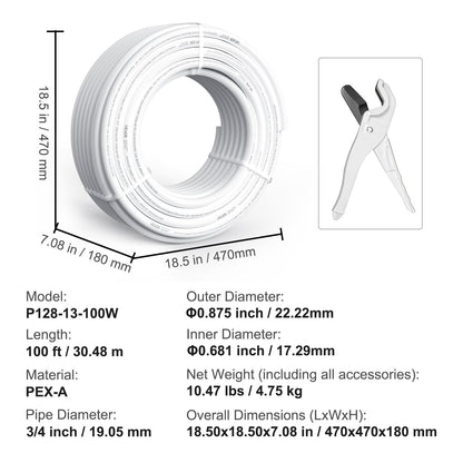PEX Pipe 3/4 Inch, 100 Feet Length PEX-A Flexible Pipe Tubing for Potable Water, Pex Water Lines for Hot/Cold Water & Easily Restore, Plumbing Applications with Free Cutter,White
