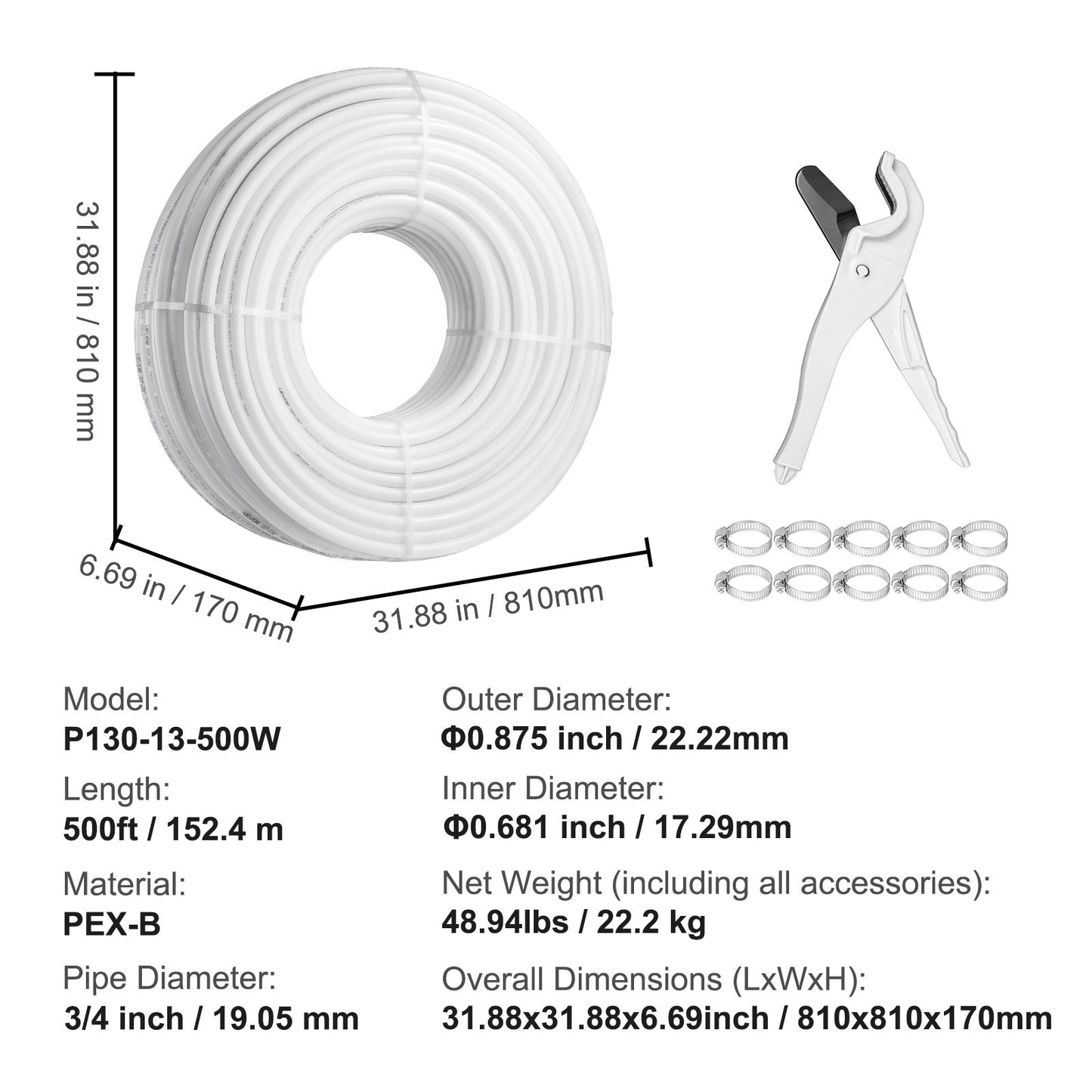 PEX Pipe 3/4 Inch, 500 Feet Length PEX-B Flexible Pipe Tubing for Potable Water, Pex Water Lines for Hot/Cold Water & Easily Restore, Plumbing Applications with Free Cutter & Clamps ,White
