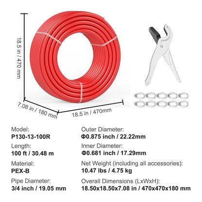 PEX Pipe 3/4 Inch, 100 Feet Length PEX-B Flexible Pipe Tubing for Potable Water, Pex Water Lines for Hot/Cold Water & Easily Restore, Plumbing Applications with Free Cutter & Clamps ,Red