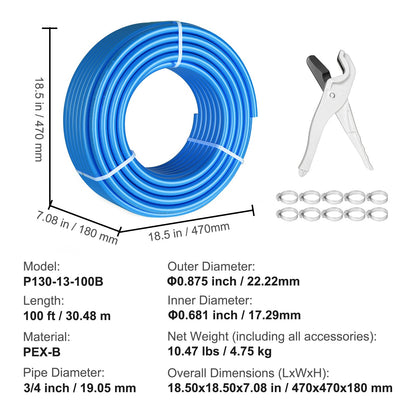 PEX Pipe 3/4 Inch, 100 Feet Length PEX-B Flexible Pipe Tubing for Potable Water, Pex Water Lines for Hot/Cold Water & Easily Restore, Plumbing Applications with Free Cutter & Clamps ,Blue