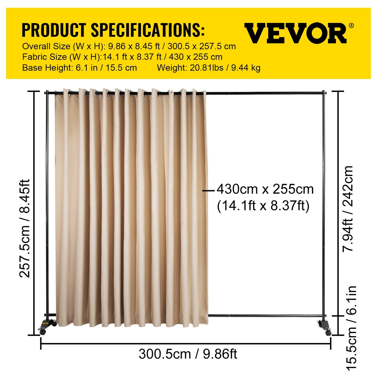 Curtain Divider, 8 x 10 Feet, 4 Rolling Wheels Room Divider, Aluminum Alloy Frame, Blackout Curtain and Portable Oxford Bag Included, Expandable Room Divider for Office, Conference Beige