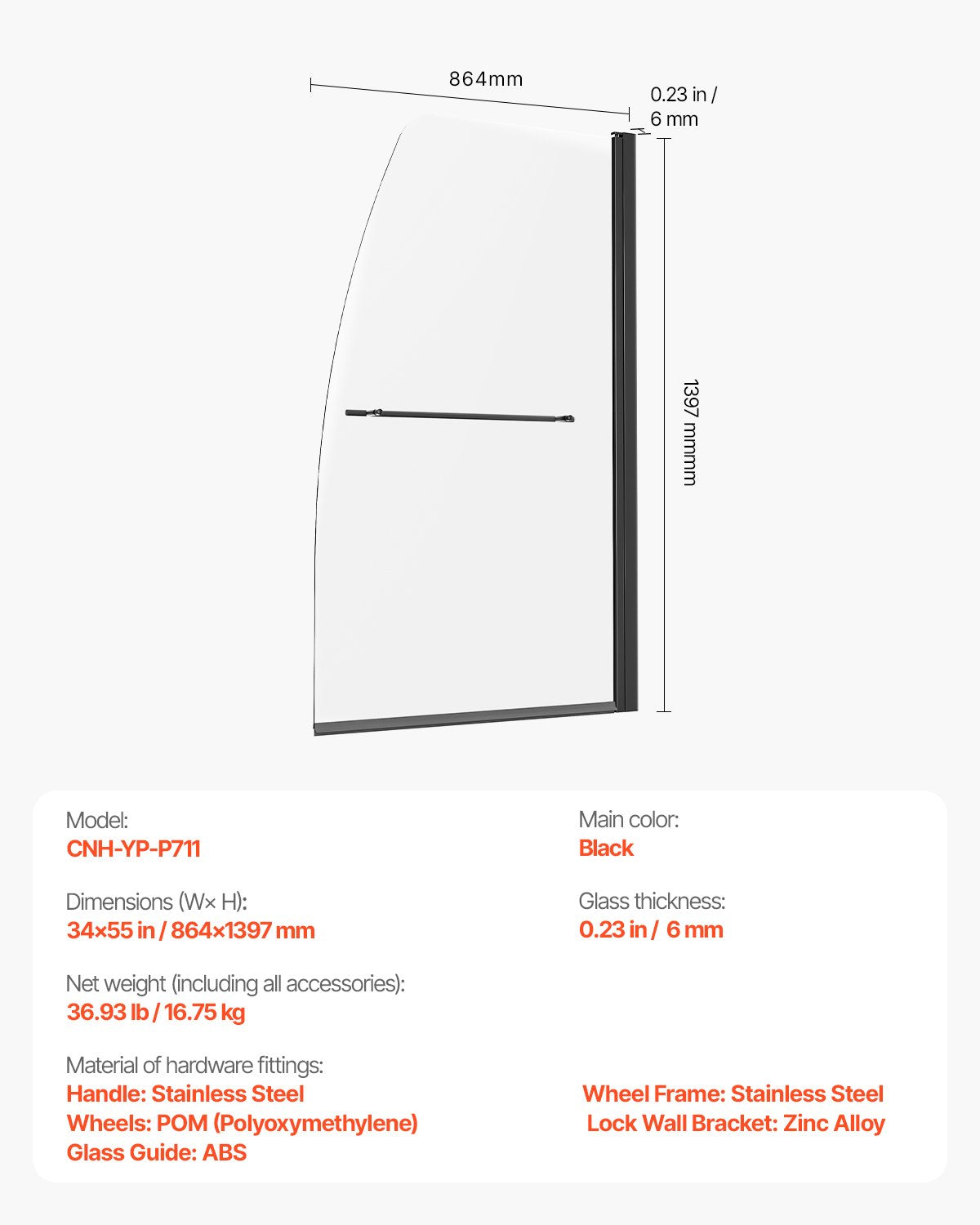 Rahmenlose Duschtür für Badewanne, 86,4 cm B x 139,7 cm H, 180° schwenkbare Tür