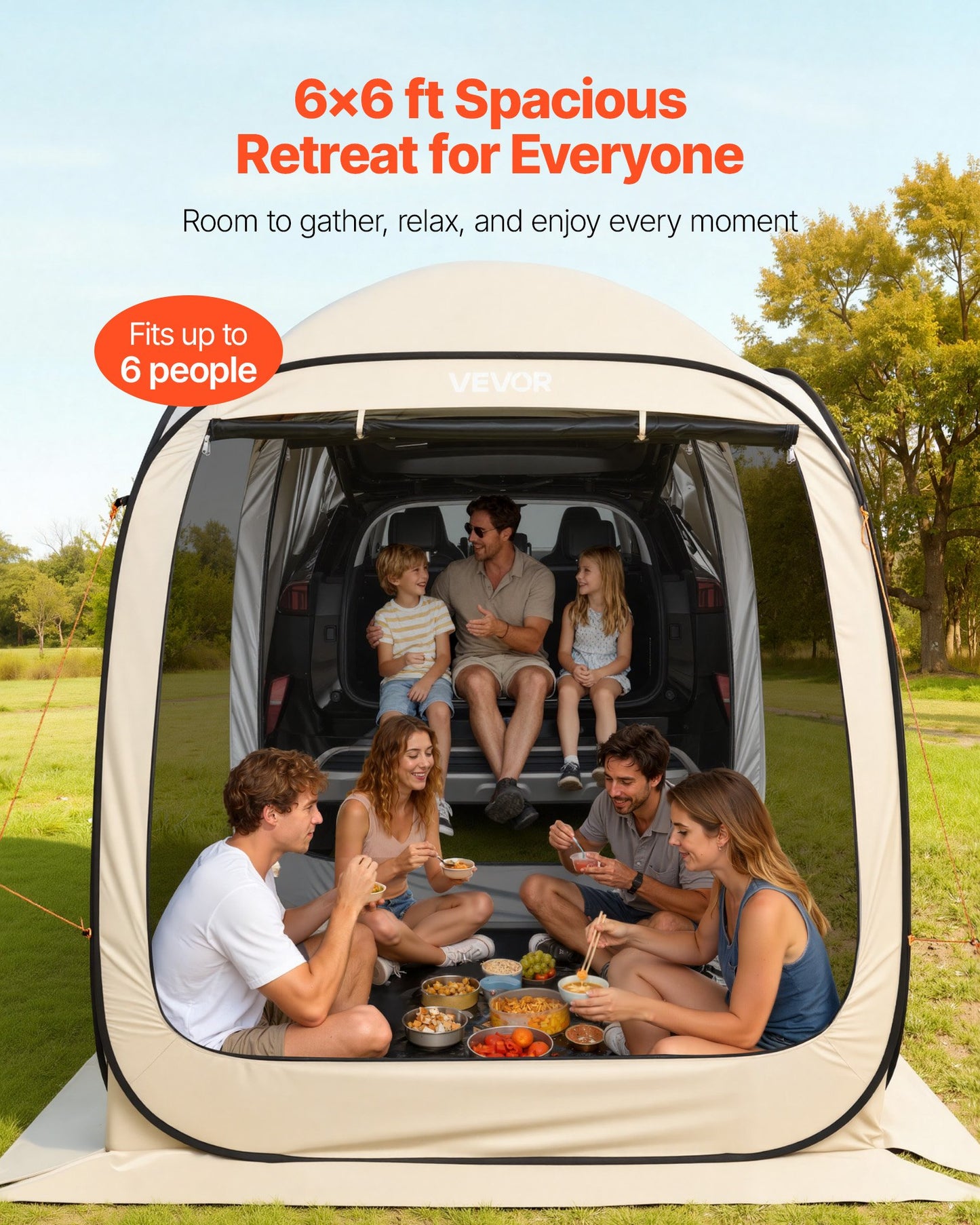 Screen House Tent, 6 x 6 ft, 4-6 Person Pop Up SUV Tailgate Tent, Portable Screened in Canopy with Carry Bag, Netting Sides, for Car Camping, Garden, Patio, Backyard, Outdoor Activities, Beige