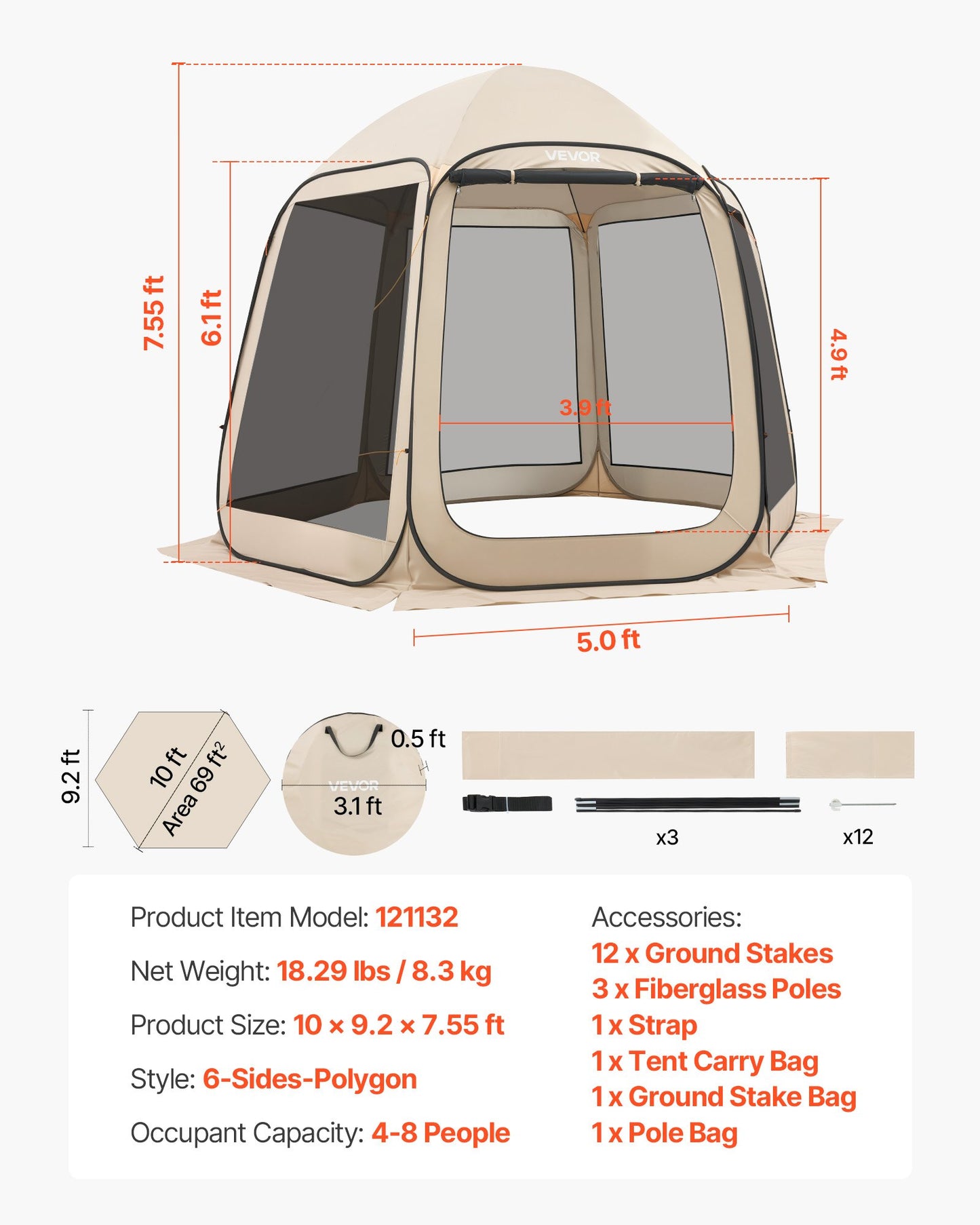 Screen House Tent, 10 x 9.2 ft, 4-8 Person Pop Up Screen Tent, Portable Screened in Canopy with Carry Bag, Netting Sides, Ground Stakes, for Garden, Patio, Backyard, Outdoor Activities, Beige