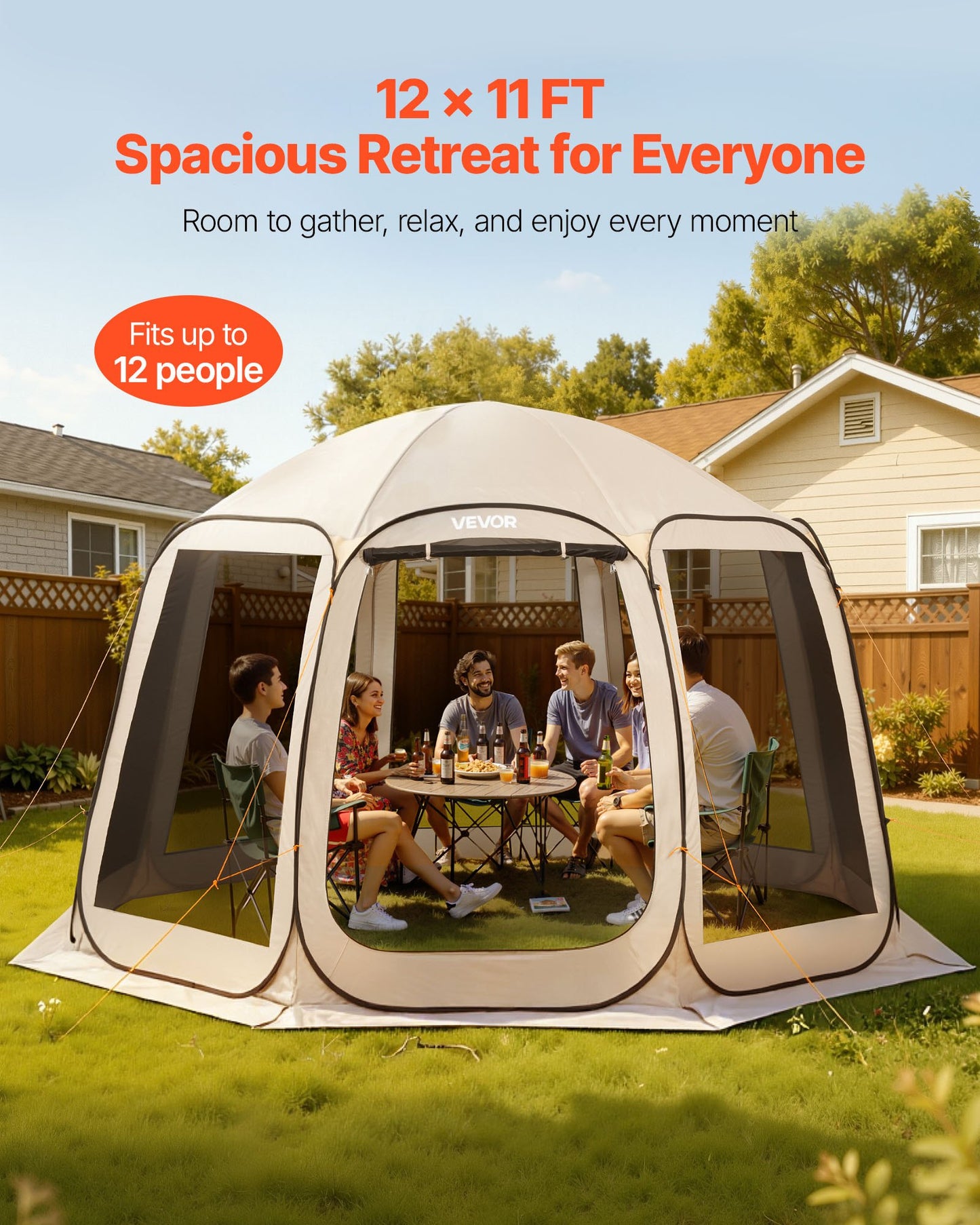 Screen House Tent, 12 x 11 ft, 10-12 Person Pop Up Screen Tent, Portable Screened in Canopy with Carry Bag, Netting Sides, Ground Stakes, for Garden, Patio, Backyard, Outdoor Activities, Beige